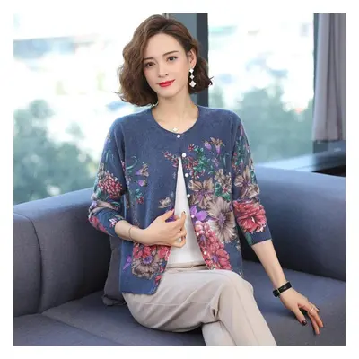 (blue, XXL) Autumn And Winter Printed Cardigan Women&apos;s Plus Size Casual Sweater Coat High-e