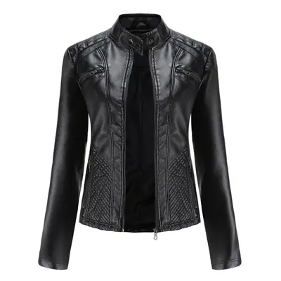 (black, L) Ladies Autumn Winter Stand Collar Long Sleeve Slim Leather Pu Jacket S-3xl