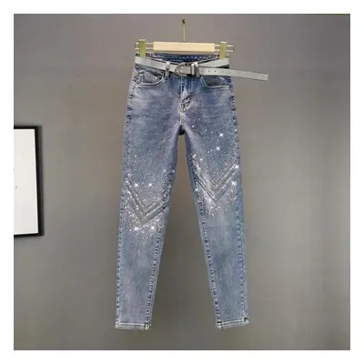 (blue, M) Women Rhinestone Skinny Jeans Autumn Casual High Waist Thin Nine Pants