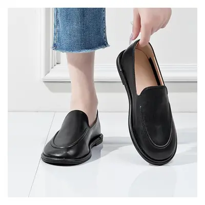 (black, 43) Loafers Women Spring Round Toe One Foot Slip-on Shoes Women Genuine Leather Soft Fla