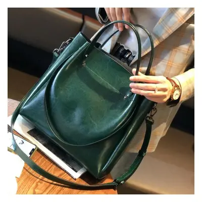 (green) Casual Large Capacity Women Tote Shoulder Bag Genuine Leather Ladies Bucket Handbag Mess