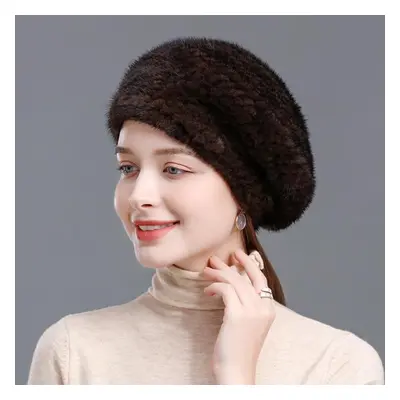 (black, one size) Fashion Mink Fur Hat Winter Knitted Beret