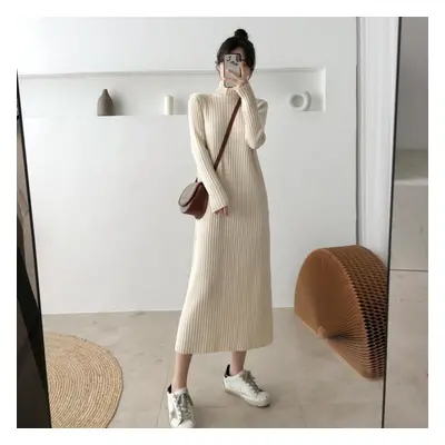 (beige, XL) Korean Style Autumn Winter Women Long Warm Dress Turtleneck Stretchy Knitting Black 