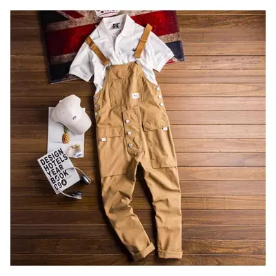 (khaki, 5XL) Men&apos;s Denim Overalls Men&apos;s Retro Casual Jumpsuit Men&apos;s Loose Multi-p