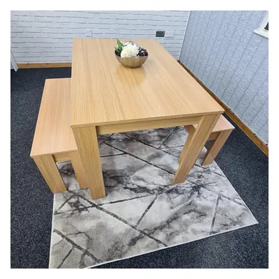 Dining Table and Benches Oak Effect Wood Dining Room Furniture