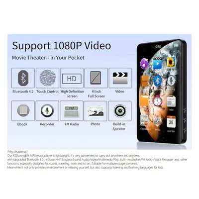 (16GB) Inch Hd Mp3 Mp4 Player Full Touchscreen Bluetooth 5.0 Walkman 16gb Built-in Speaker Music