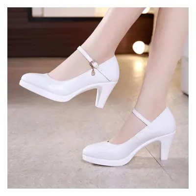 (white, 39) Thick-heeled Leather Work Shoes Women High Heels Pumps Shoes