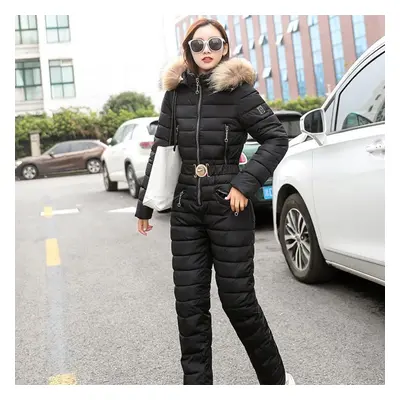 (black, M) One Piece Ski Suit Women Jackets Winter Fur Collar Hooded Parka Jumpsuit Cotton Bodys