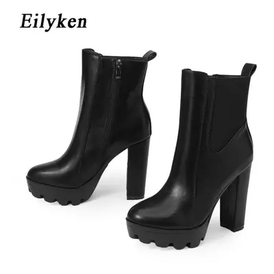 (black, 35) Eilyken New Fashion Platform Chunky High Heels Women Ankle Boots Concise Zipper Soft