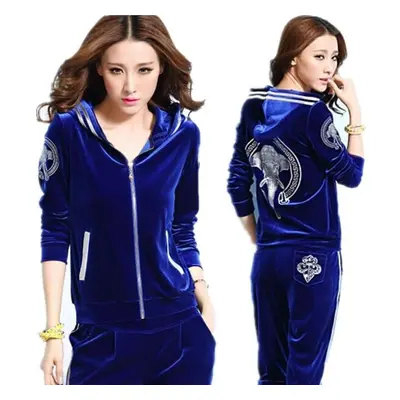 (blue, XL) Women Velvet Tracksuits Spring Hooded Jacket+trousers Two Sets Velvet Sportswear Suit