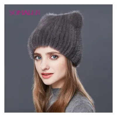 (dark grey) Somaler Genuine Mink Fur Hats For Women Winter Knitted Strips Mink Fur Caps Headwear