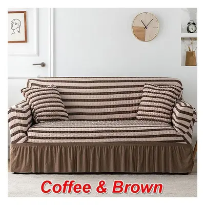 (coffee,brown, Four persons 235-300cm) Ruffled Seersucker Sofa Cover For Living Room Thick Elast