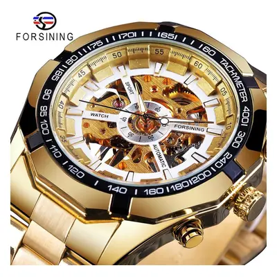 (white,gold) Forsining Stainless Steel Waterproof Mens Skeleton Watches Top Brand Luxury Transpa