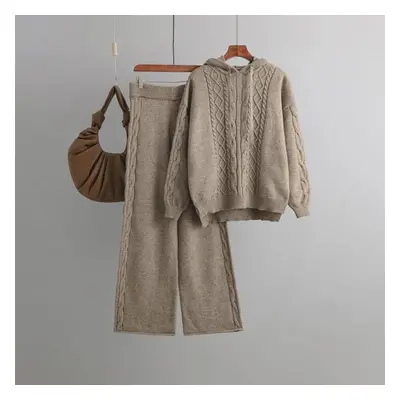 (khaki, OneSize) Women Autumn Hooded Neck Solid Color Knitwear Wide Leg Pants Two Piece Set