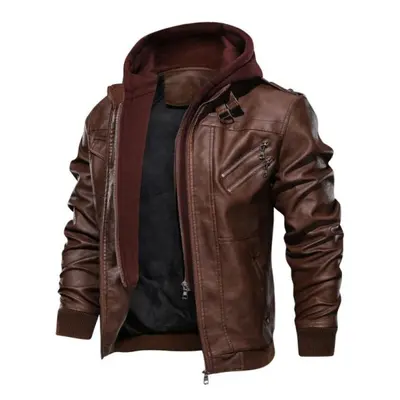 (brown, M) Autumn And Winter Large Size Double Row Trendy Locomotive Casual Leather Jacket Hoode