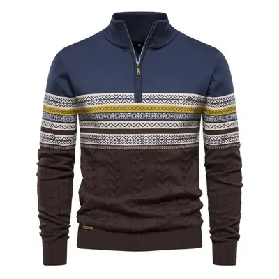 (blue, M) Autumn And Winter Trend Stand Collar Men&apos;s Retro Casual Warm Sweater Semi-zipper 