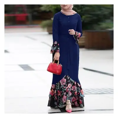 (blue, S) Women&apos;s Fashion Floral Patchwork Dubai Abaya Sleeve Floor Length Arab Muslim Isla