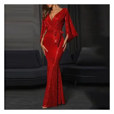 (red, L) Spring Summer New Sexy High-end Dress European American Style Split Solid Color Sequin 