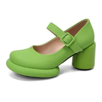 (green, 36) Women Pu Leather Pumps Chunky Heel Round Toe Mary Janes Buckle Sweet Party Spring Au