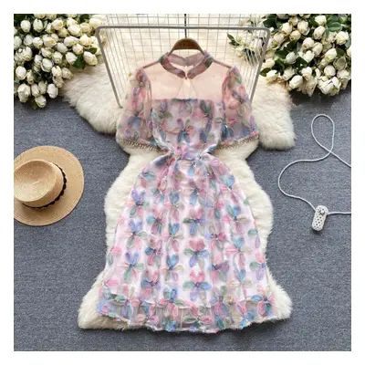 (pink, S) French Openwork Gauze Stitching Sequined Embroidery Flower A-line Dress Women Fashion 