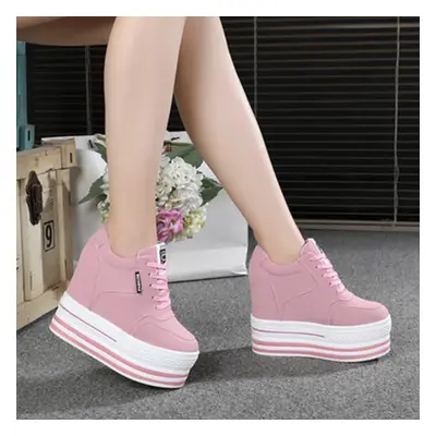 (pink, 36) 12cm Endogenous Elevation Small White Shoes Women&apos;s Thick Soled Lace Wedge Casua