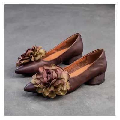 (coffee, 37) Johnature Sweet Flower Pumps Genuine Leather Commuting Shallow Pointed Toe Low Heel