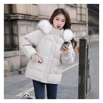 (as the picture, L) Winter Women&apos;s Loose Cotton Coat New Big Fur Collar Women&apos;s Cotton