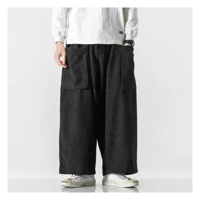 (black, XL) Corduroy Cargo Pants Japanese Vintage Side Pockets Harem Pants Casual Streetwear Jog