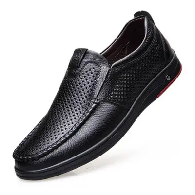 (black, 40) Men&apos;s Summer Loafers Shoes Genuine Leather Soft Man Casual Slip-on Cutout Shoes