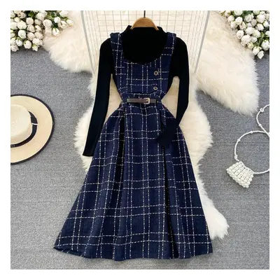 (blue, M) Autumn And Winter Retro Temperament Standing Collar Base Sweater Two-piece Plaid Wool 