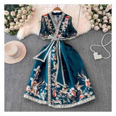 (green, L) Summer Bohemian Flower Print Long Dress Women V-neck Puff Sleeve Vintage Print Bandag