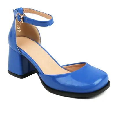 (blue, 38) Women Patent Leather Ankle Strap Two-piece Pumps Square Toe Chunky High Heels Buckle 