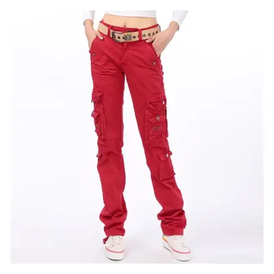 (red, 36) Women Straight Multi-pocket Cargo Pants Denim Overalls Ladies Fashion Workout Joggers 