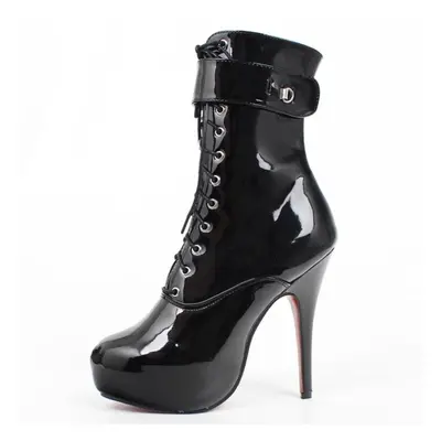 (black, 41) Jialuowei 15cm High Heel Lace Up Platform Lockable Strap Sexy Women Ankle Boots Size