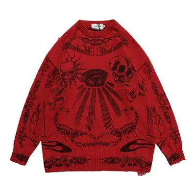 (red, M) Harajuku Skulls Printed Womenâs Oversized Knitted Sweater Korean Casual Gothic Sweate