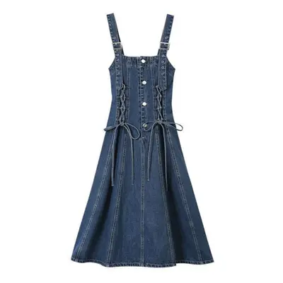 (blue, M) Vintage Fashion Denim Strap Dress For Women Summer A-line Square Collar Draw String Si