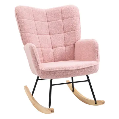 (Pink) HOMCOM Wingback Rocking Chair for Nursing w/ Steel Frame