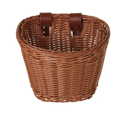 (Brown) Kids Children's Rattan Bicycle Bike Front Basket Leather Strap Shopping Storage Case Kid