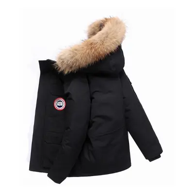 (Black, L) New couple hooded large fur collar cargo men's and women's down jackets