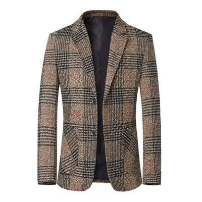 (brown, XXXXL) Men Blazer Fashion Plus Size Casual Male Plaid Suit Jacket Spring Autumn Long Sle