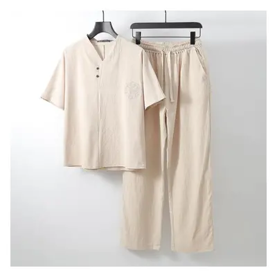 (ivory, XXXL) Men&apos;s Clothing Large Size Tracksuit Husband Summer Suit Linen T-shirt Fashion