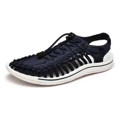 (navy blue, 45) Men&apos;s Summer Sandals Soft Soled Beach Shoes Men&apos;s Woven Casual Slipper