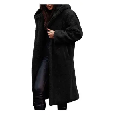 (black, XL) Women Winter Coat Thick Solid Color Hooded Hat Long Sleeve Keep Warm Woolen Mid-calf