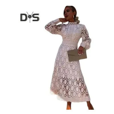 (apricot, XL) Women Dress Hollow Out Lace Stand Collar Bubble Sleeve Tight Waist See-through Dou