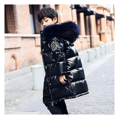 (black, 140) Boys Winter Down Cotton Jacket Girls Waterproof Hooded Coat Children Outerwear Clot