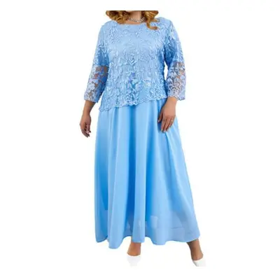 (sky blue, 4XL) Women Dress Flower Embroidery See-through Lace Three Quarter Sleeve O Neck Fake 