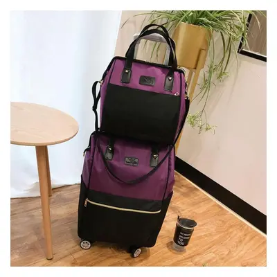 (purple, S+L) Short Distance Travel Large Capacity Waterproof Luggage Bag Boarding Trolley Box L