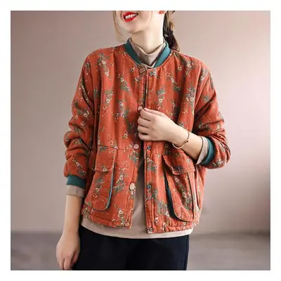 (orange, One Size) Johnature Women Vintage Stand Loose Print Floral Jacket Long Sleeve Padded Co