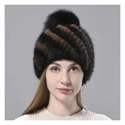 (black,brown, One Size) Natural Mink Fur Hats Women Knitted Beanies Woolen Lining Fox Fur Pompom