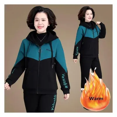 (blue, S) Winter Warm Pieces Sets Hooded Plush Lined Tracksuit High Waist Harem Pants Suit Plush